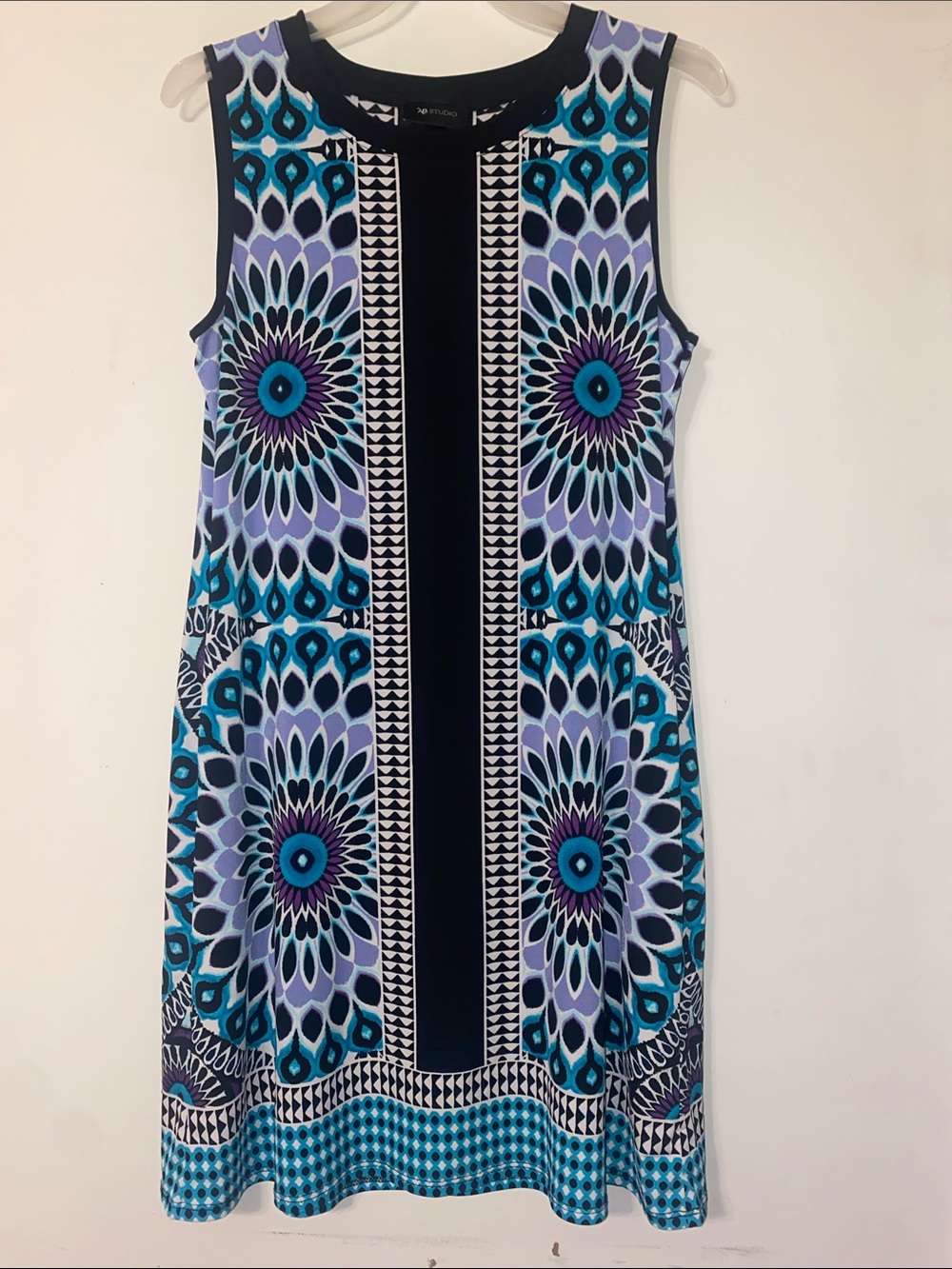 AB Studio Sleeveless Shift Dress in Blue and Purple Medallion Print